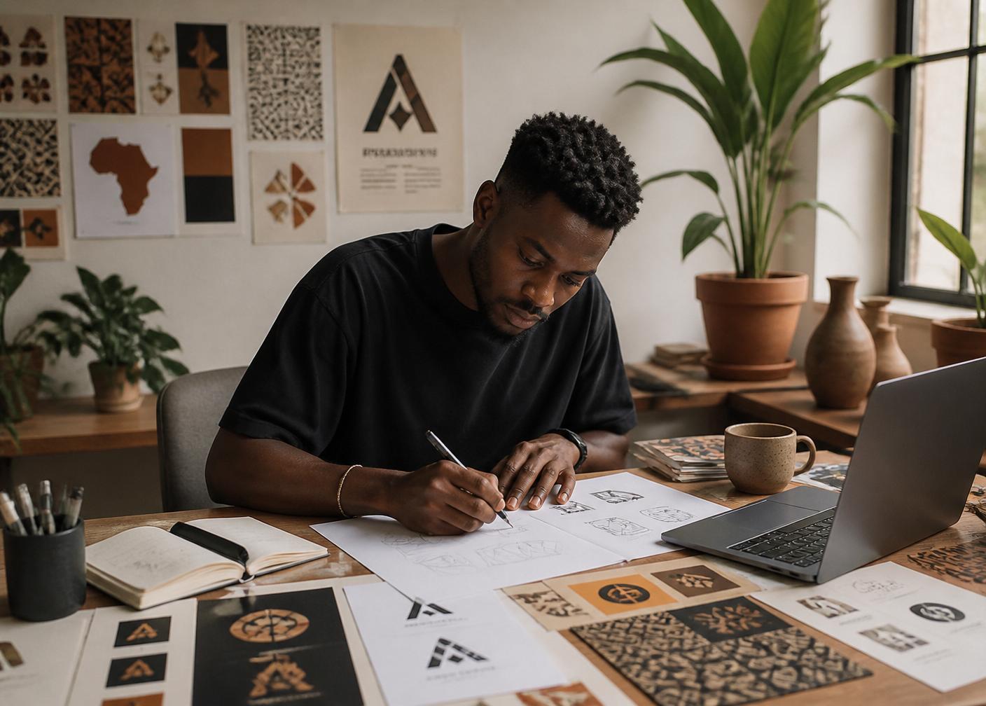 African graphic designer sketching branding concepts in a plant-filled studio